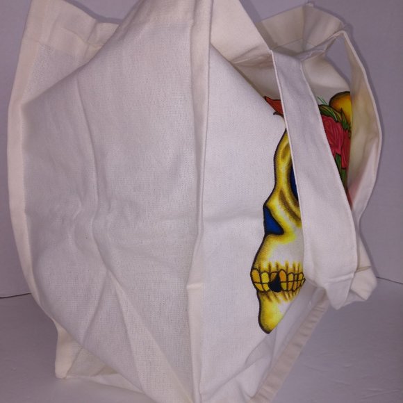 Hand-Painted Skull Tote Bag: Floral Rose Skulls, Reusable Canvas - Picture 7 of 16
